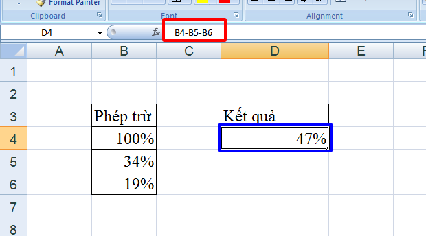 Phép trừ trong Excel