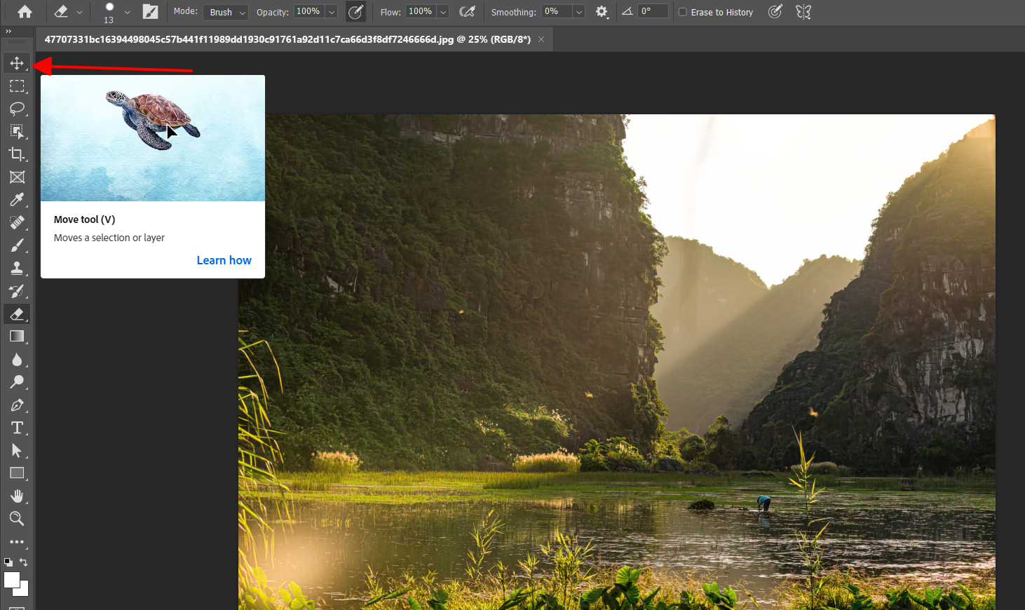 Sử dụng công cụ Move Tool - căn giữa trong photoshop