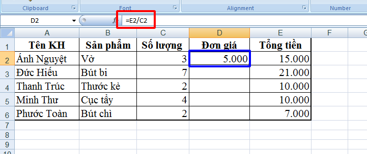 phép chia trong Excel
