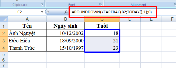 cách tính tuổi trong Excel 
