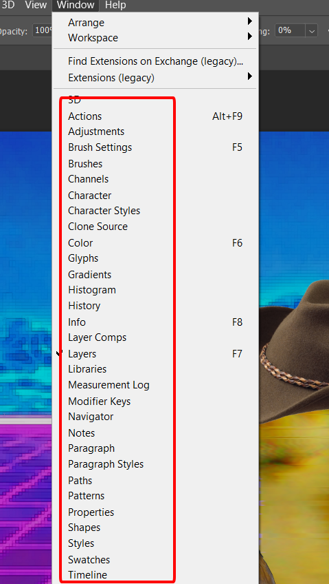 Chọn menu Windows rồi chọn vào công cụ bạn muốn hiện - thanh công cụ trong photoshop bị ẩn