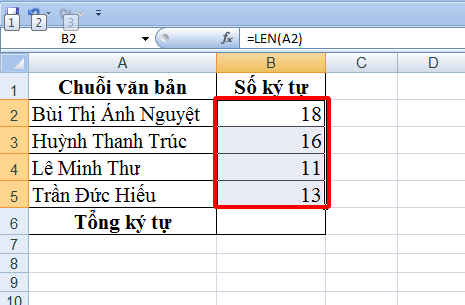 đếm số lần xuất hiện ký tự trong Excel