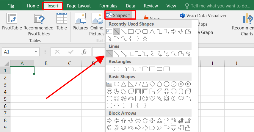 Chọn đường vẽ- Vẽ đường thẳng và mũi tên trong Excel