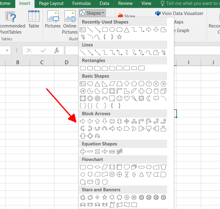  Block Arrows - Vẽ đường thẳng và mũi tên trong Excel