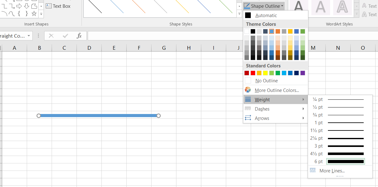 tùy chỉnh độ dày cho đoạn thẳng - Vẽ đường thẳng và mũi tên trong Excel