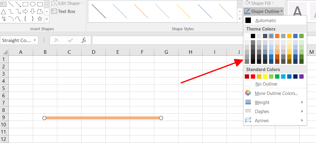  thay đổi màu sắc cho đường kẻ - Vẽ đường thẳng và mũi tên trong Excel