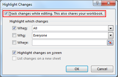 chọn Track changes while editing… - xem lịch sử chỉnh sửa file exel