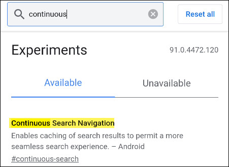 Next, start typing "Continuous Search Navigation" in the search box until you see the flag with the same name.